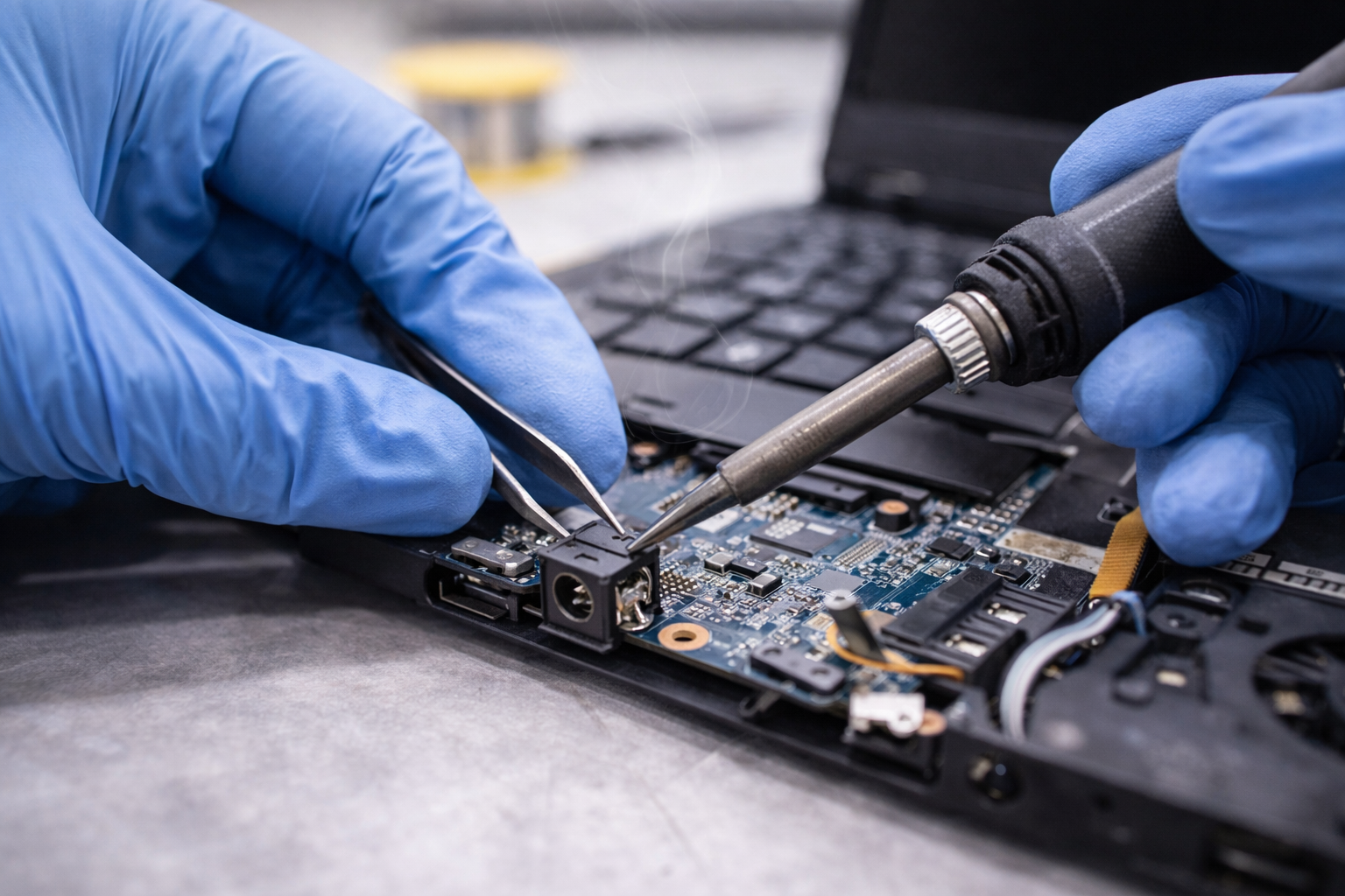 Onderzoek en reparatie van laptop laadpoort